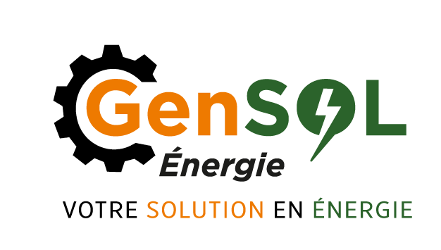 Logo de GenSOL Énergie comportant une icône d'engrenage noire, du texte orange et vert et un symbole d'éclair.