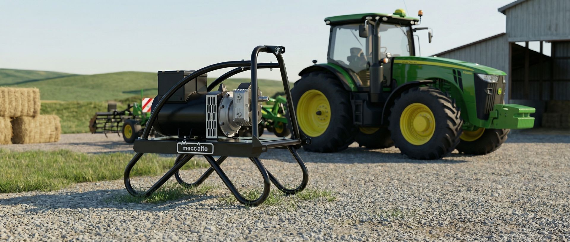 Un générateur portable à prise de force est installé sur une cour de ferme gravillonnée, avec un tracteur vert garé à l'arrière-plan, près de bottes de foin.