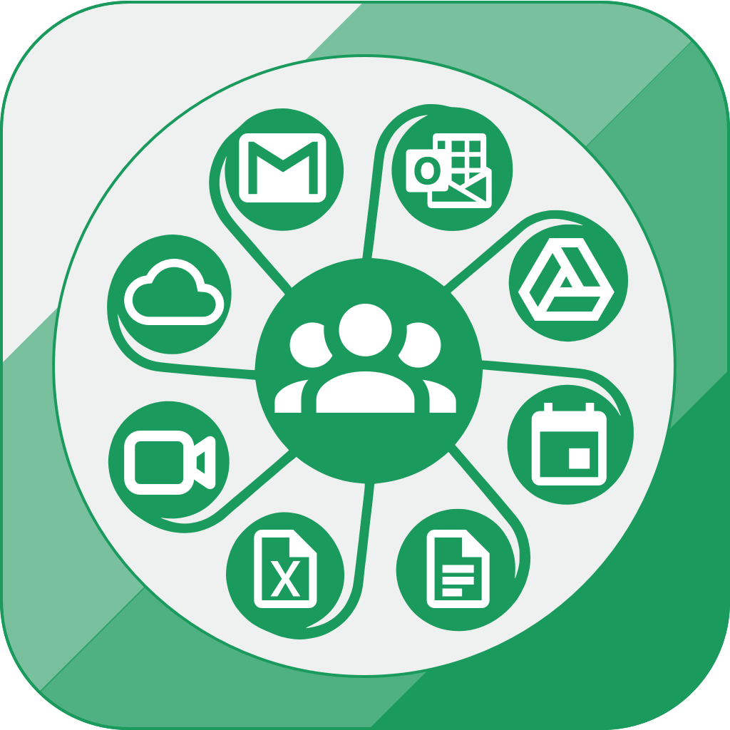 Green icon depicting collaboration. Central figures connect to cloud, email, video, documents, calendar, and other apps.