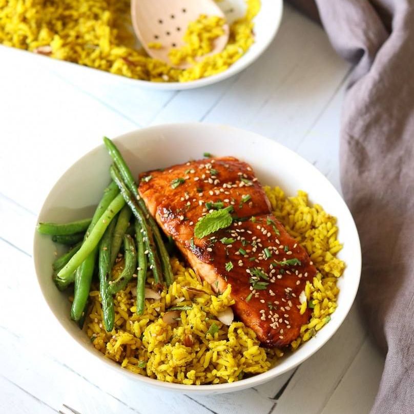 Turmeric Lemon & Herb Basmati Rice with Sriracha Honey Salmon