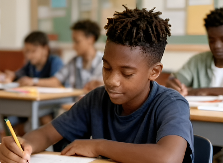 Student writing in a classroom, with others seated at desks in the background.