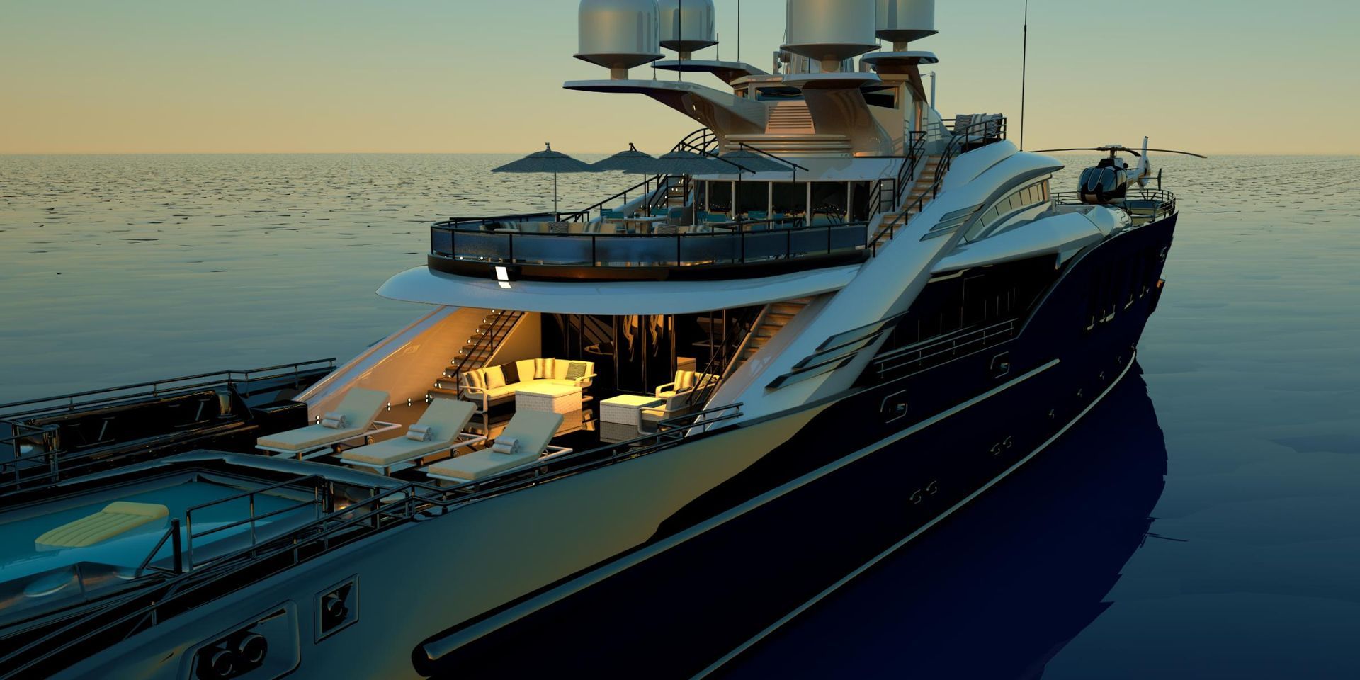 Luxury yacht on calm water with a pool and deck chairs, a restaurant and lounge area.