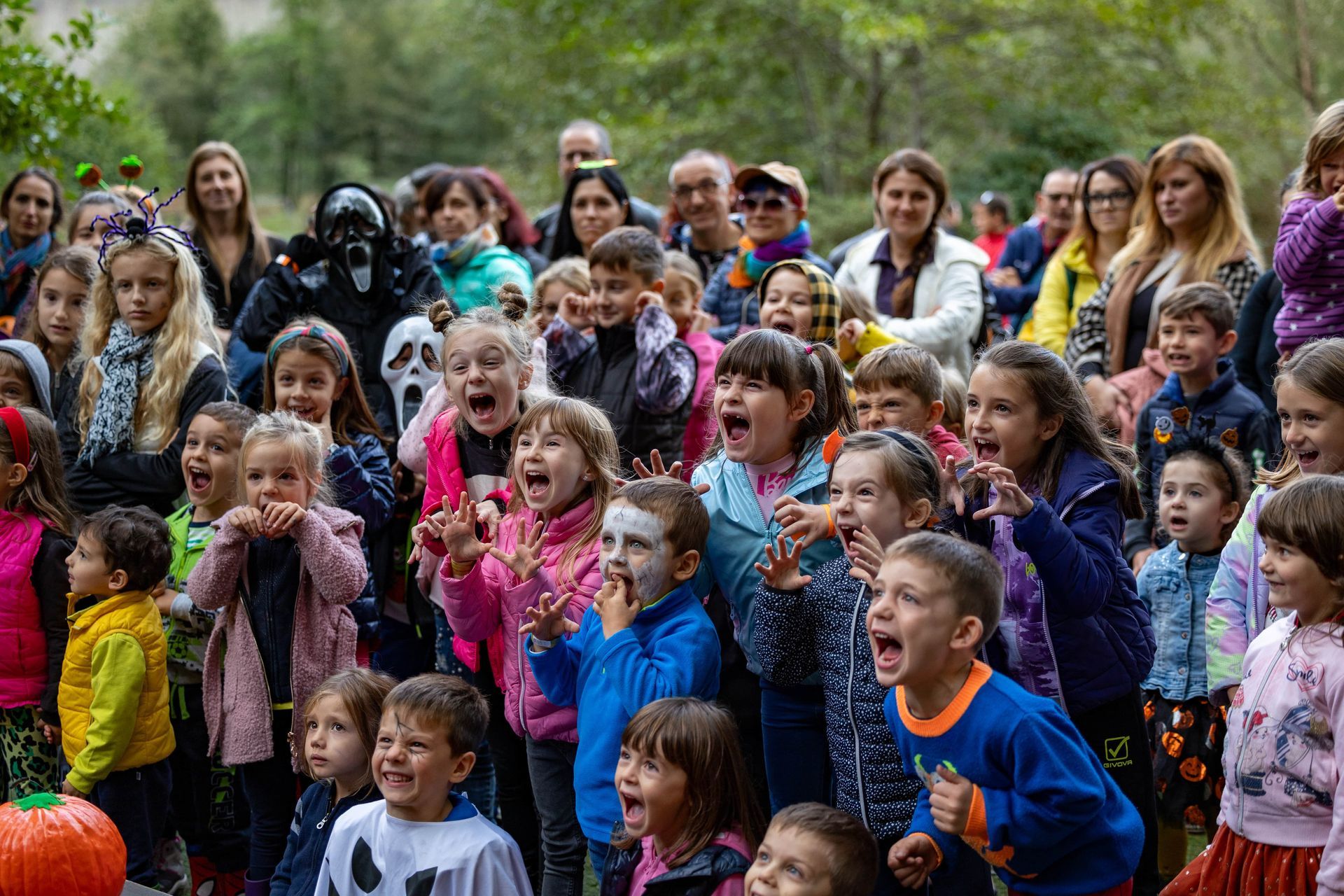 Un folto gruppo di bambini è in un parco a guardare uno spettacolo.
