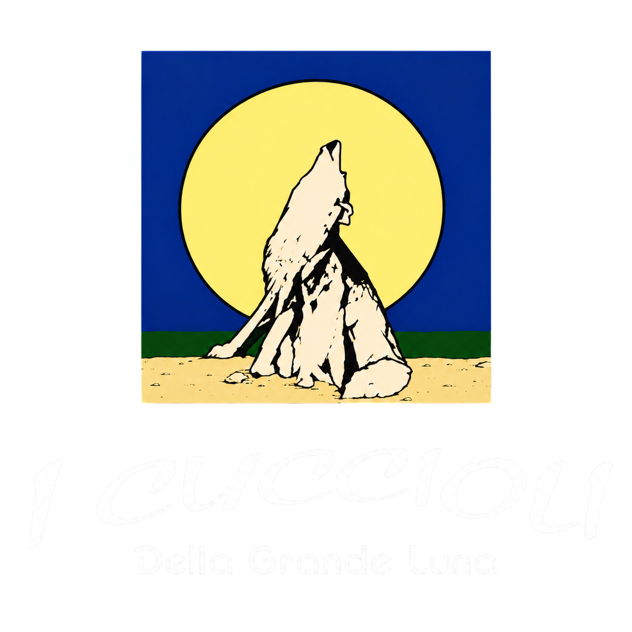 Un lupo ulula in cima a una vetta rocciosa, stagliandosi contro una luna giallo brillante e un cielo blu.