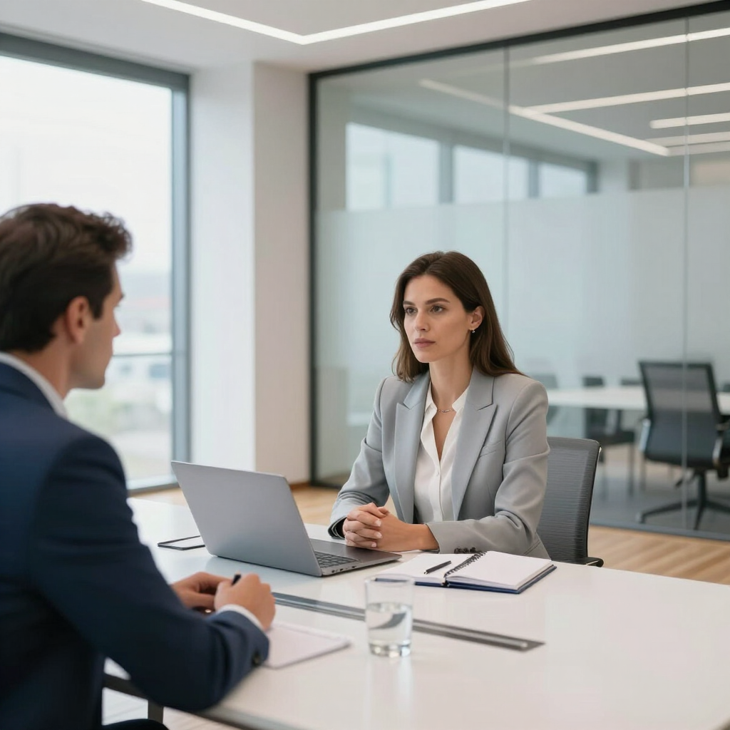 Twee professionals zitten in een kantoor met glazen wanden tegenover elkaar aan een tafel tijdens een vergadering, met een laptop en een notitieboekje.