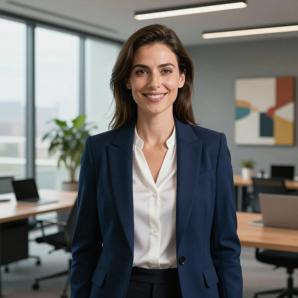 Een glimlachende professional in een donkerblauwe blazer staat in een modern kantoor met bureaus en kunstwerken op de achtergrond.