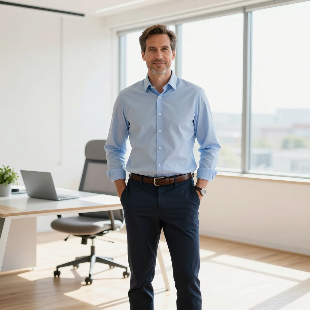 Een man staat in een lichte kantoorruimte naast een bureau en stoel, gekleed in een lichtblauw shirt en een donkere broek.