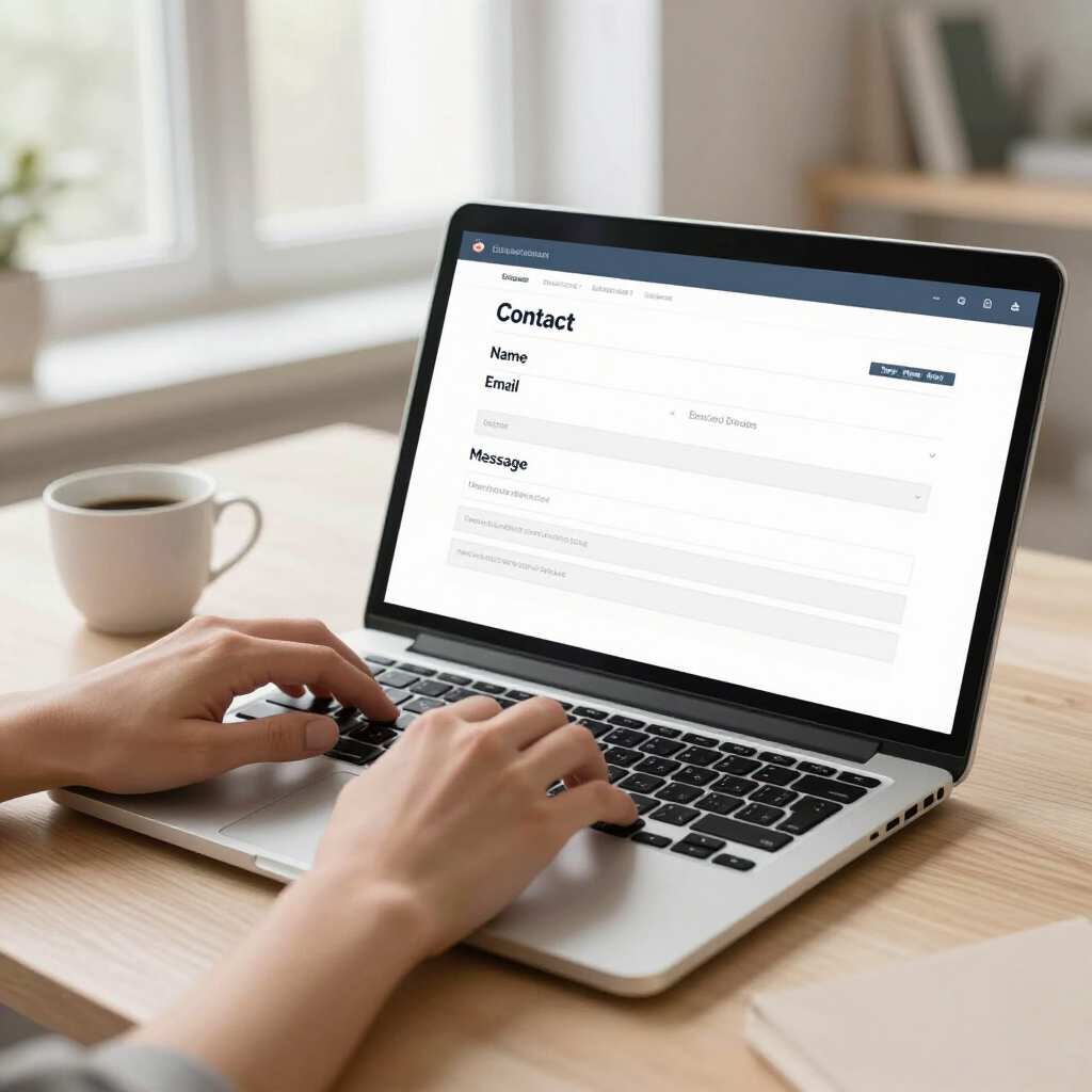 Handen typen op een laptop naast een koffiemok, met een contactformulier open op het scherm.