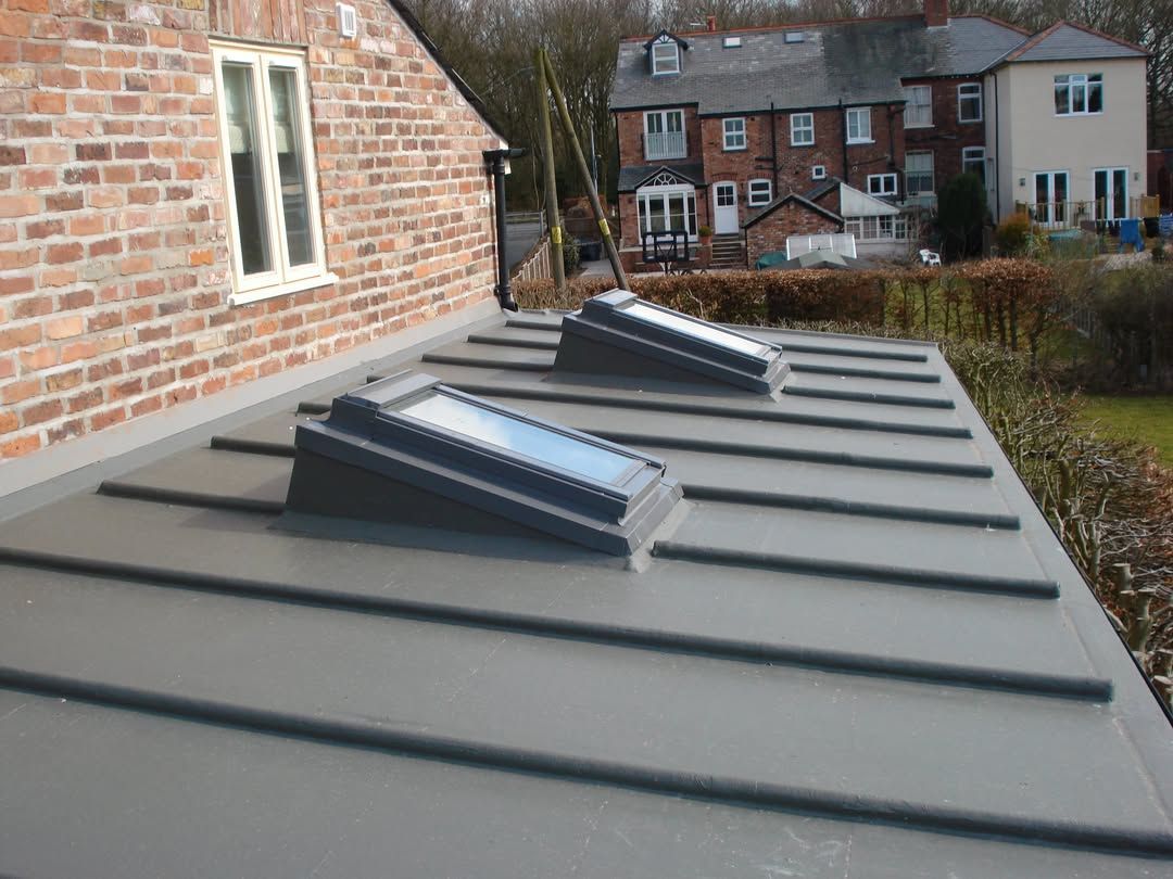 Gray metal roof with two skylights, brick building on left, houses in the background.