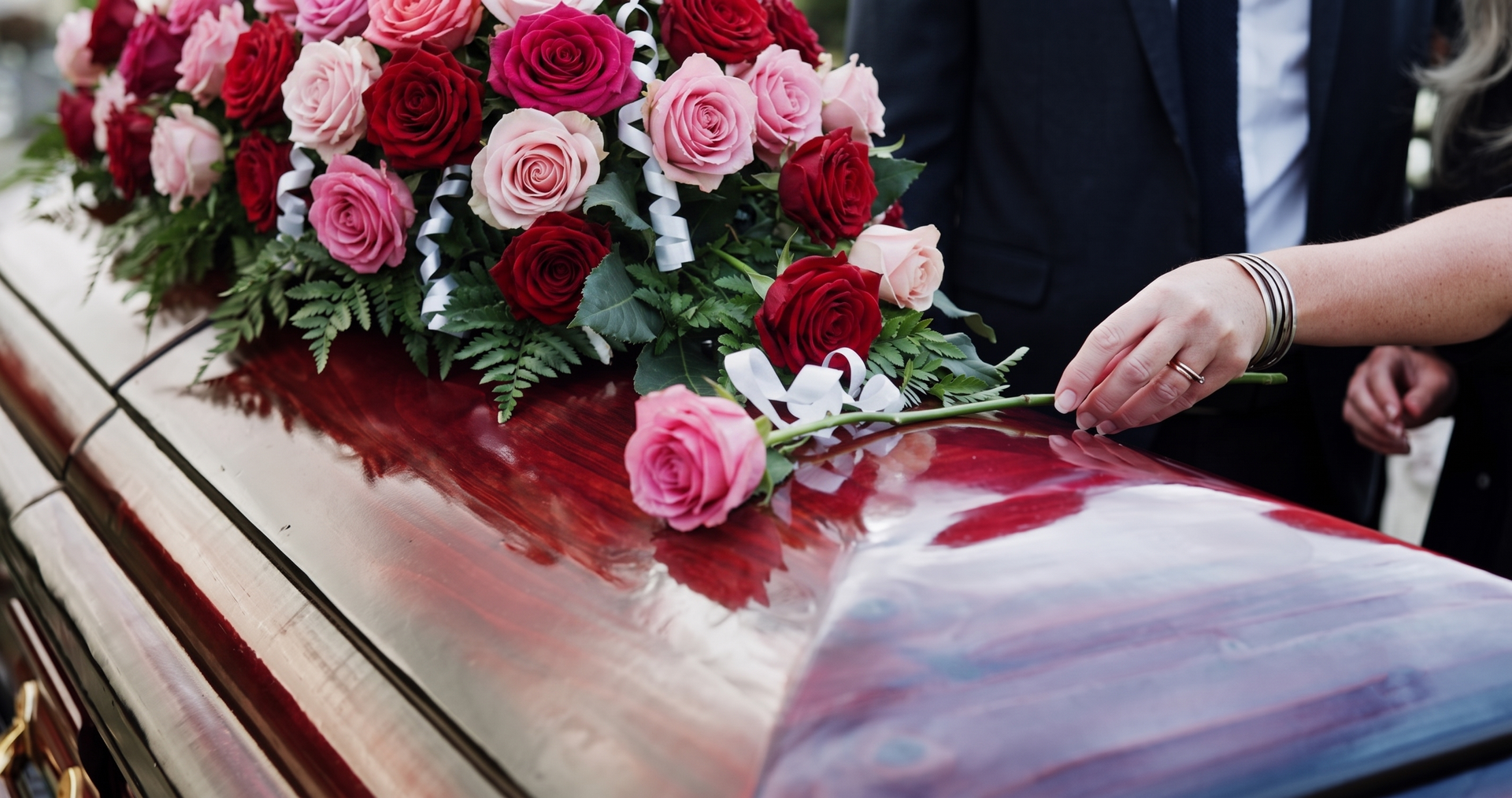 A man is holding a white rose in his hand at a funeral.