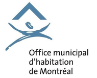 Logo de l'Office municipal d'habitation de Montréal : une maison bleue surmontant une silhouette humaine bleue stylisée. Le texte en dessous indique « Office municipal d'habitation de Montréal ».