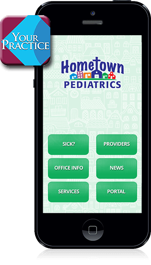 Smartphone displaying Hometown Pediatrics app menu