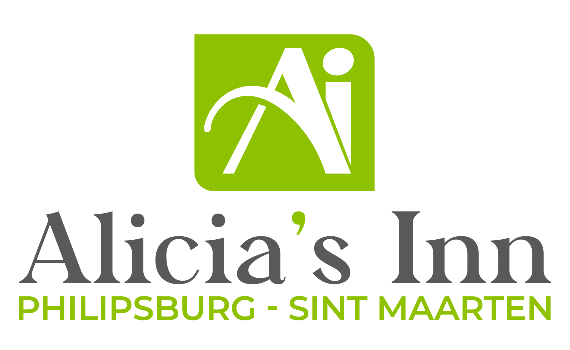 Alicia's Inn logo with green icon and gray text, Philipsburg, Sint Maarten.