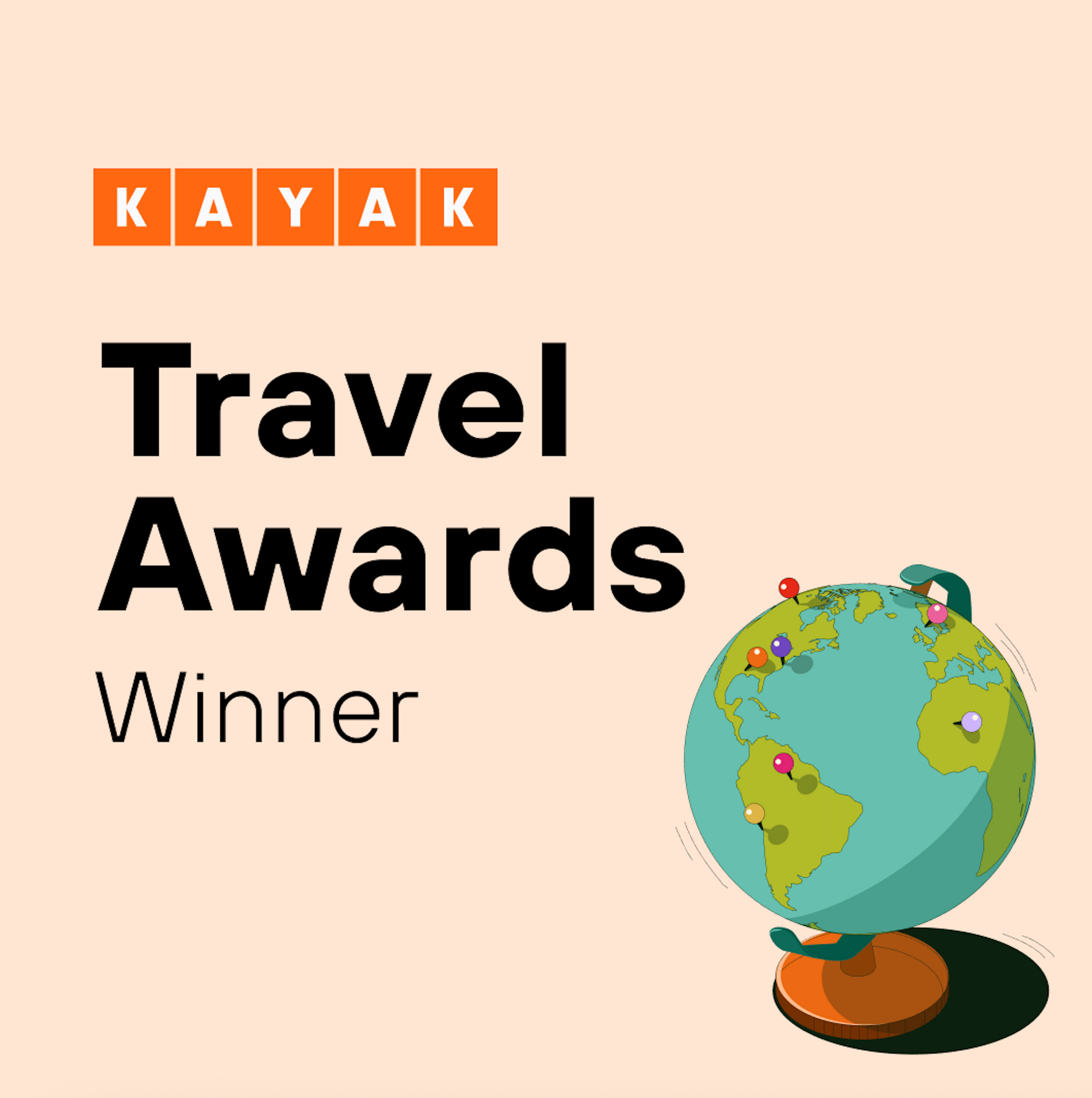 KAYAK Travel Awards Winner graphic with a globe illustration on a peach background