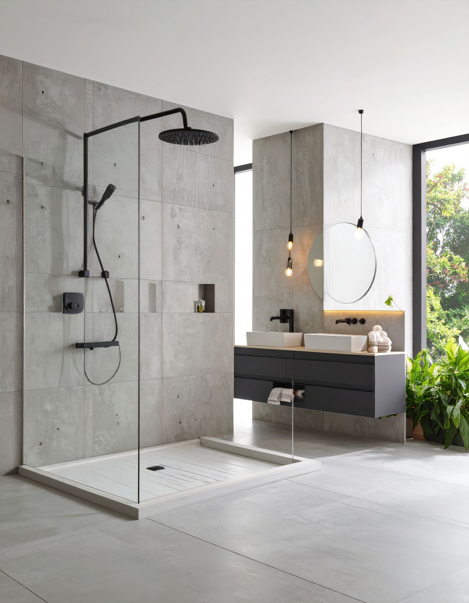 Modern bathroom with walk-in shower, double vanity, round mirror, and large window with greenery.