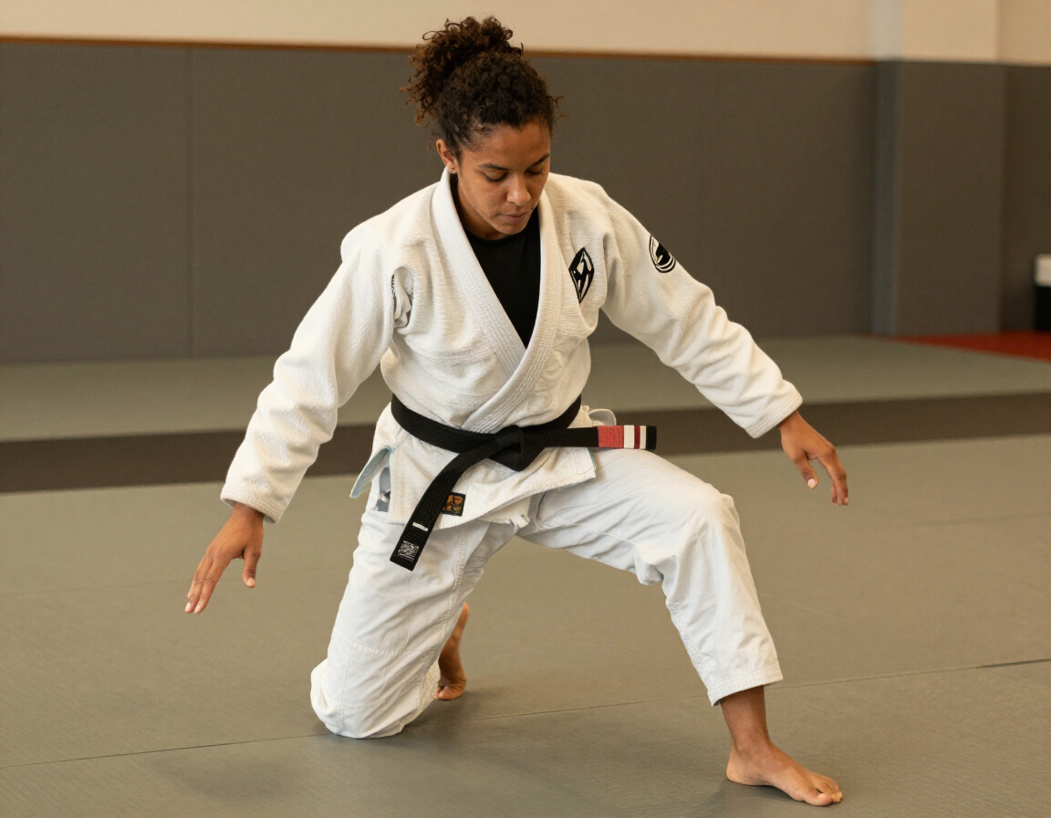 Martial artist in a white gi kneeling in a training studio, arms outstretched in a focused stance