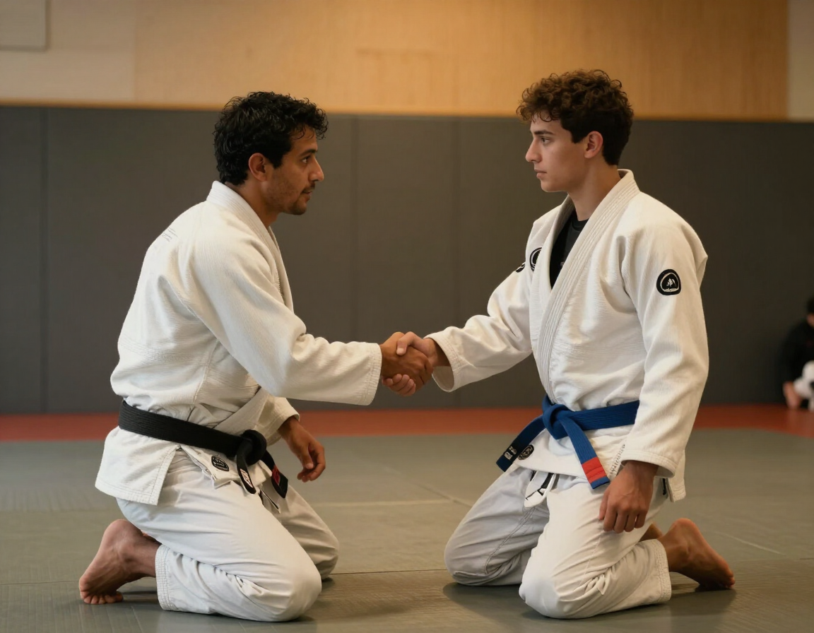 Instructor shaking hands with a student on the mats
