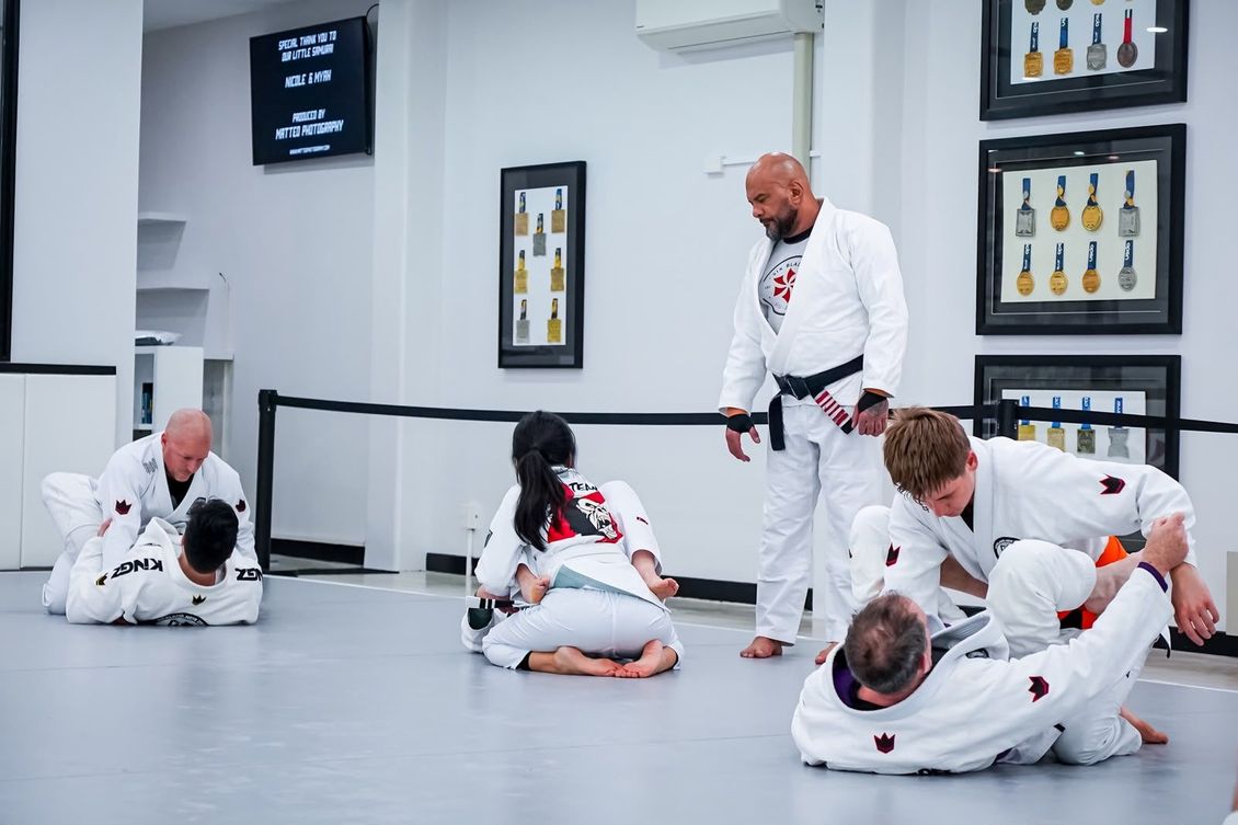 Martial arts class practicing grappling on mats in a bright dojo