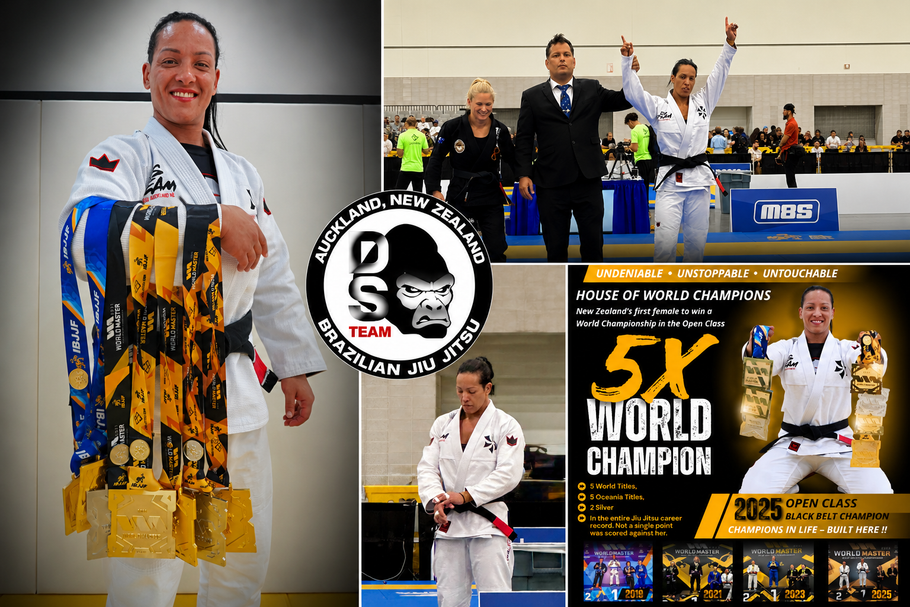 Martial artist in white gi posing with gold medals beside 3x world champion event collage and podium scene