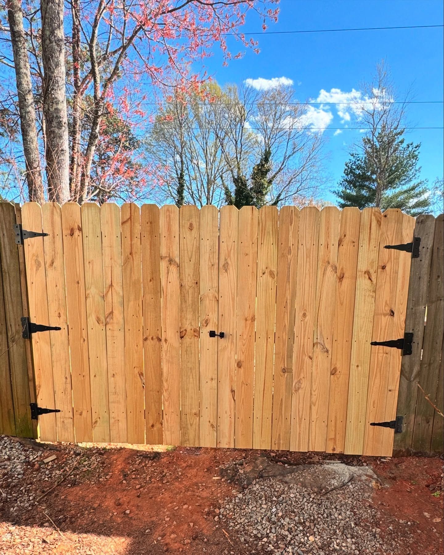 A wooden double gate with black hardware stands closed against a backdrop of trees under a bright blue sky.