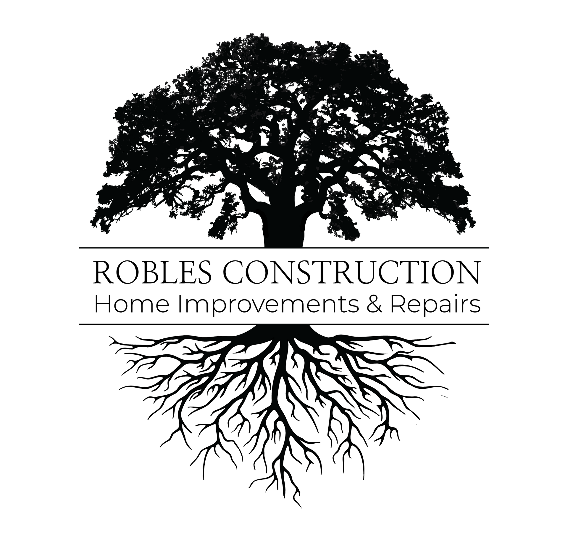 Logo for Robles Construction featuring a tree silhouette with the company name and services.