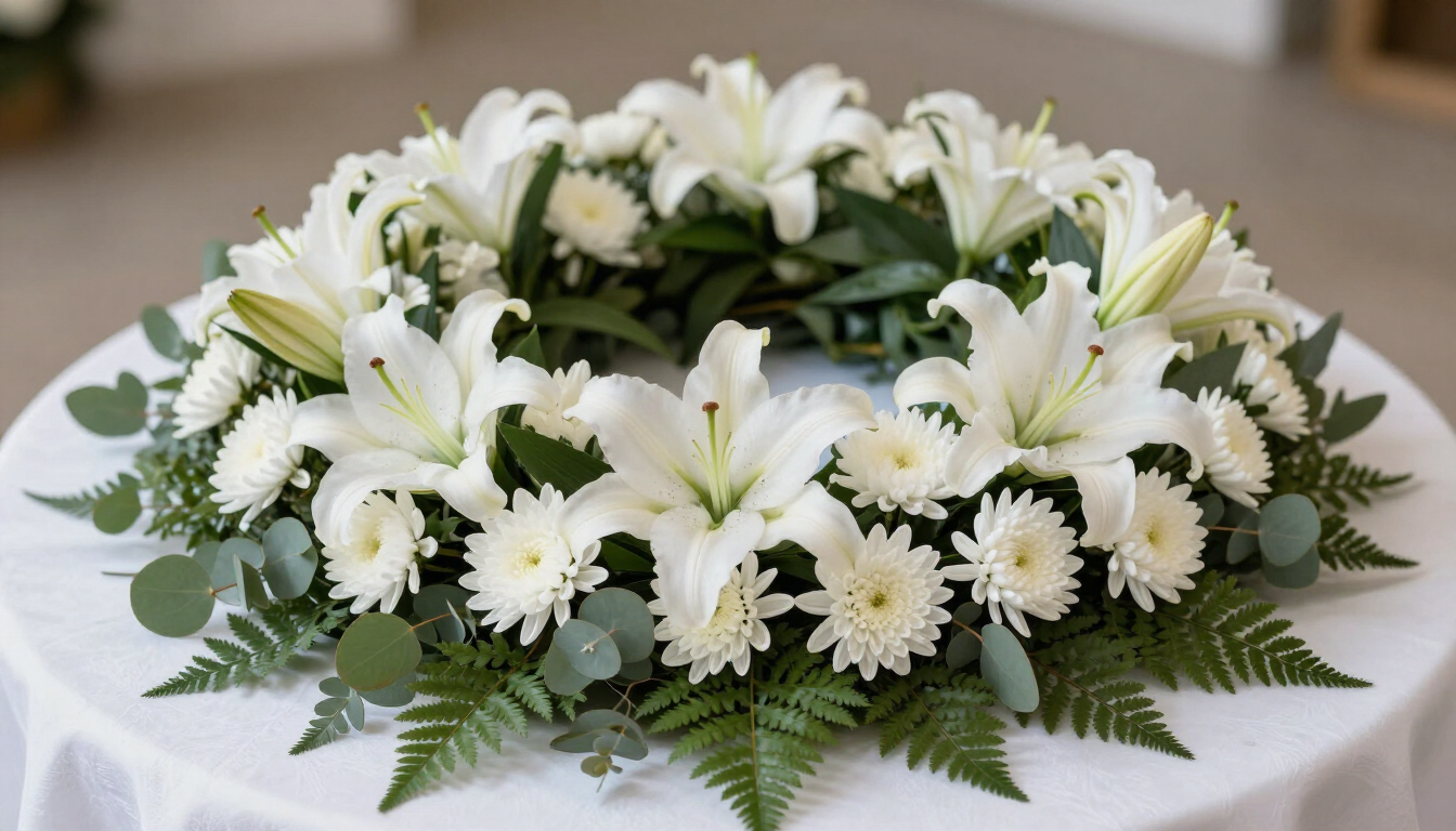 Centro de mesa floral blanco con lirios y margaritas dispuestos sobre una mesa.