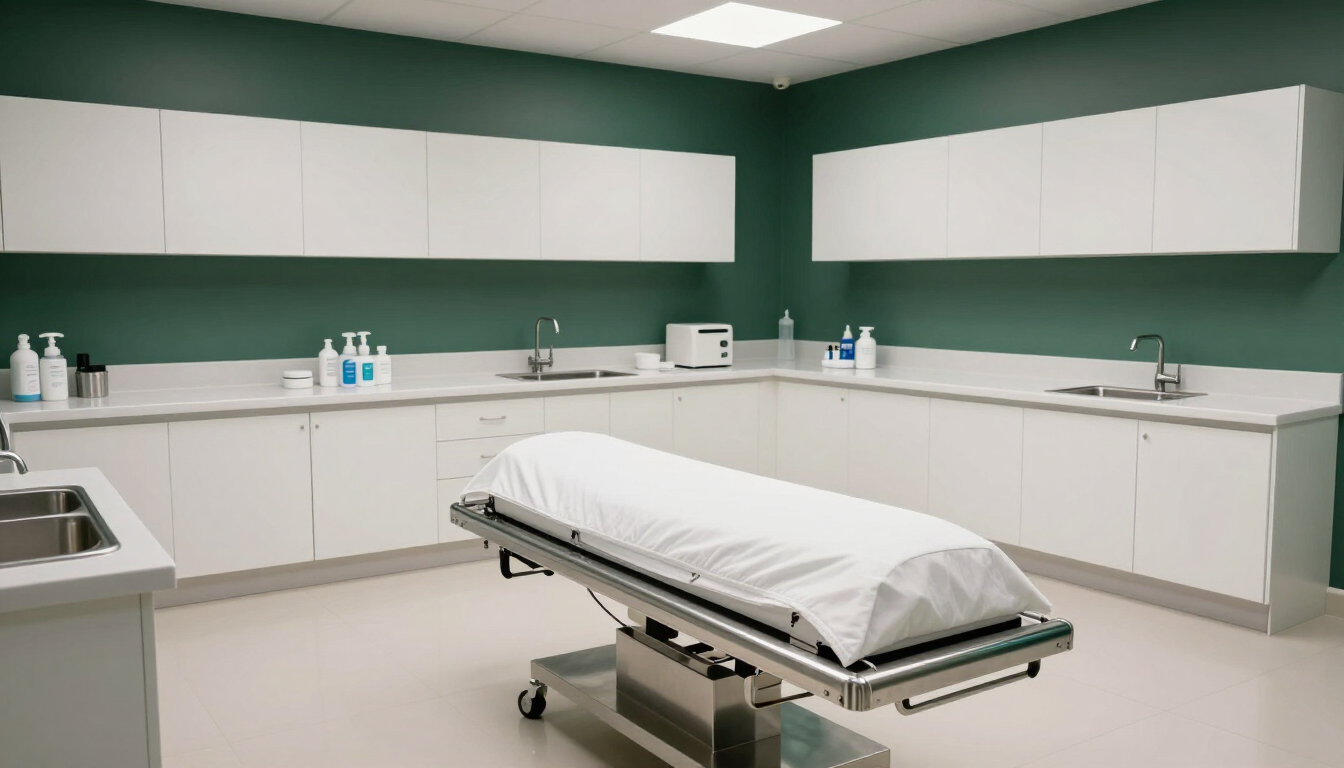Sala de autopsias con mesa de acero inoxidable, armarios blancos y paredes verdes.