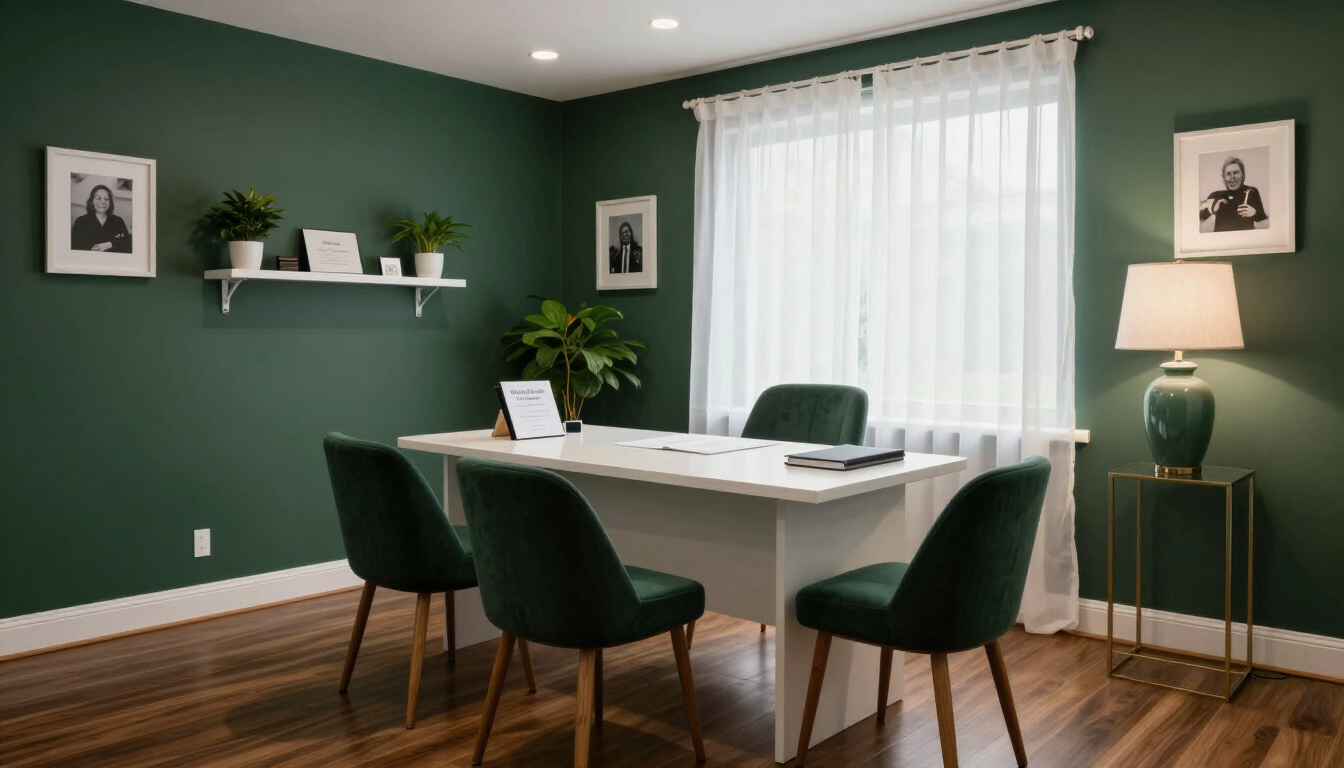 Comedor moderno con paredes verde oscuro, mesa blanca, cuatro sillas y una ventana con cortinas transparentes.