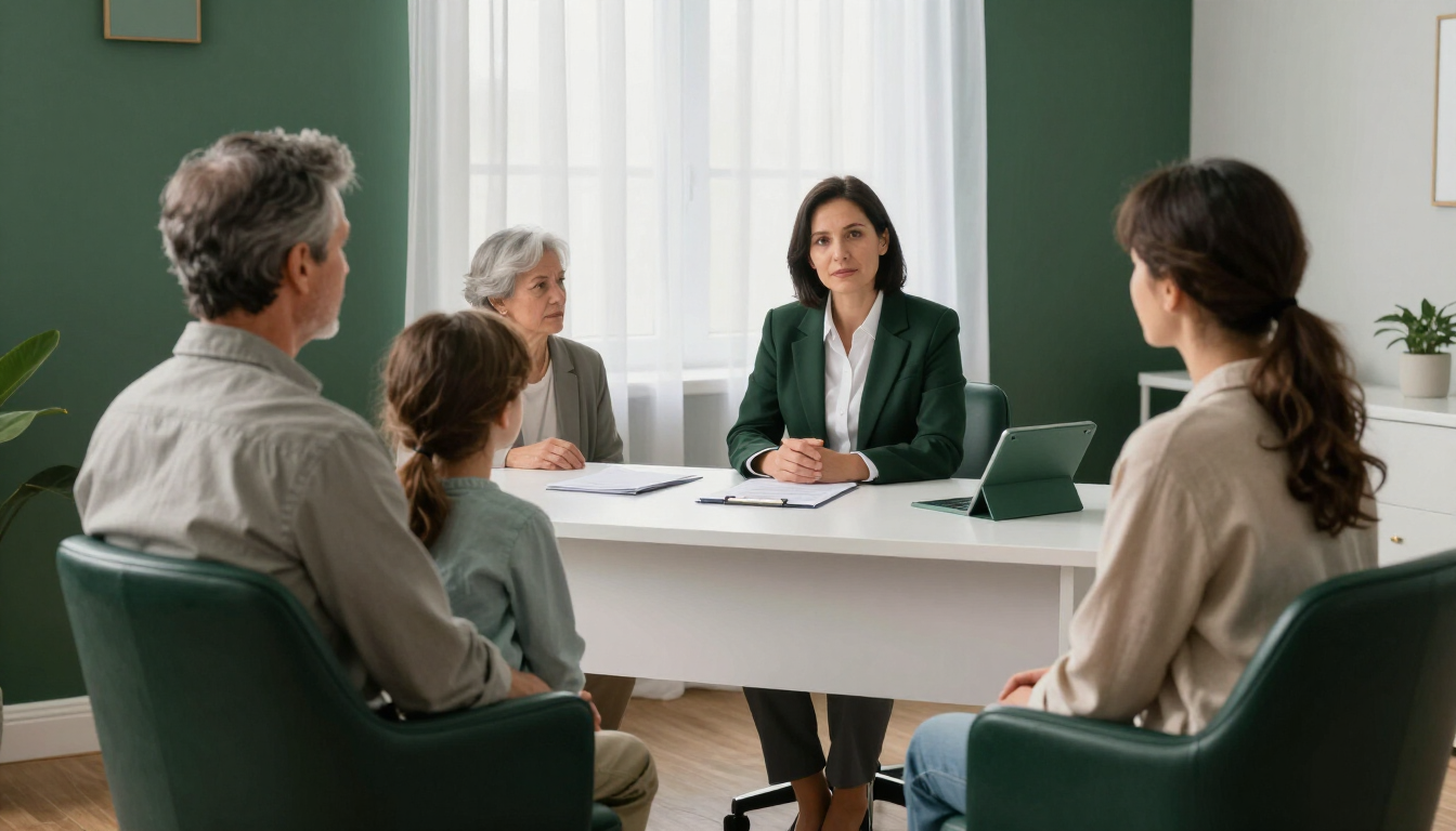 Pequeña sala de reuniones con cuatro personas sentadas alrededor de una mesa.