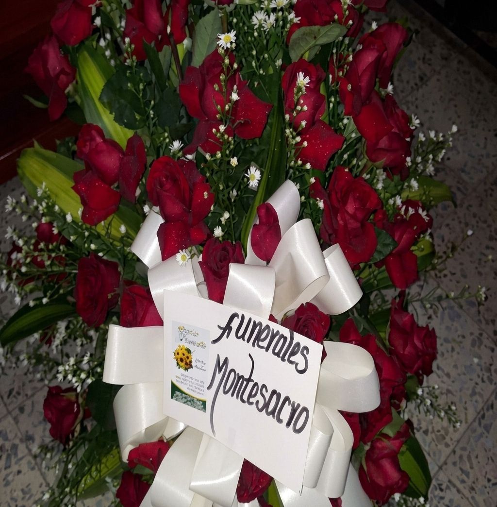 Corona funeraria de rosas rojas y cinta blanca con una tarjeta de condolencia que dice “Funerales Morescoro”.