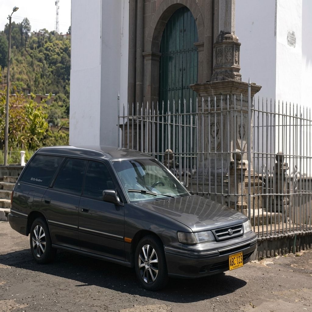 Un coche familiar de color gris oscuro aparcado junto a un edificio blanco con una entrada arqueada vallada.