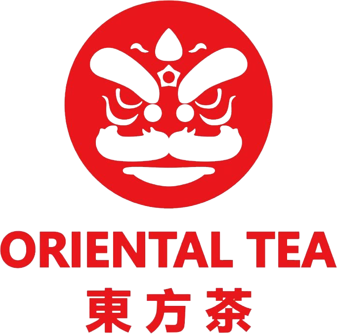 A logo with a red circular icon featuring a stylized lion dance mask above the text "ORIENTAL TEA" and Chinese characters.