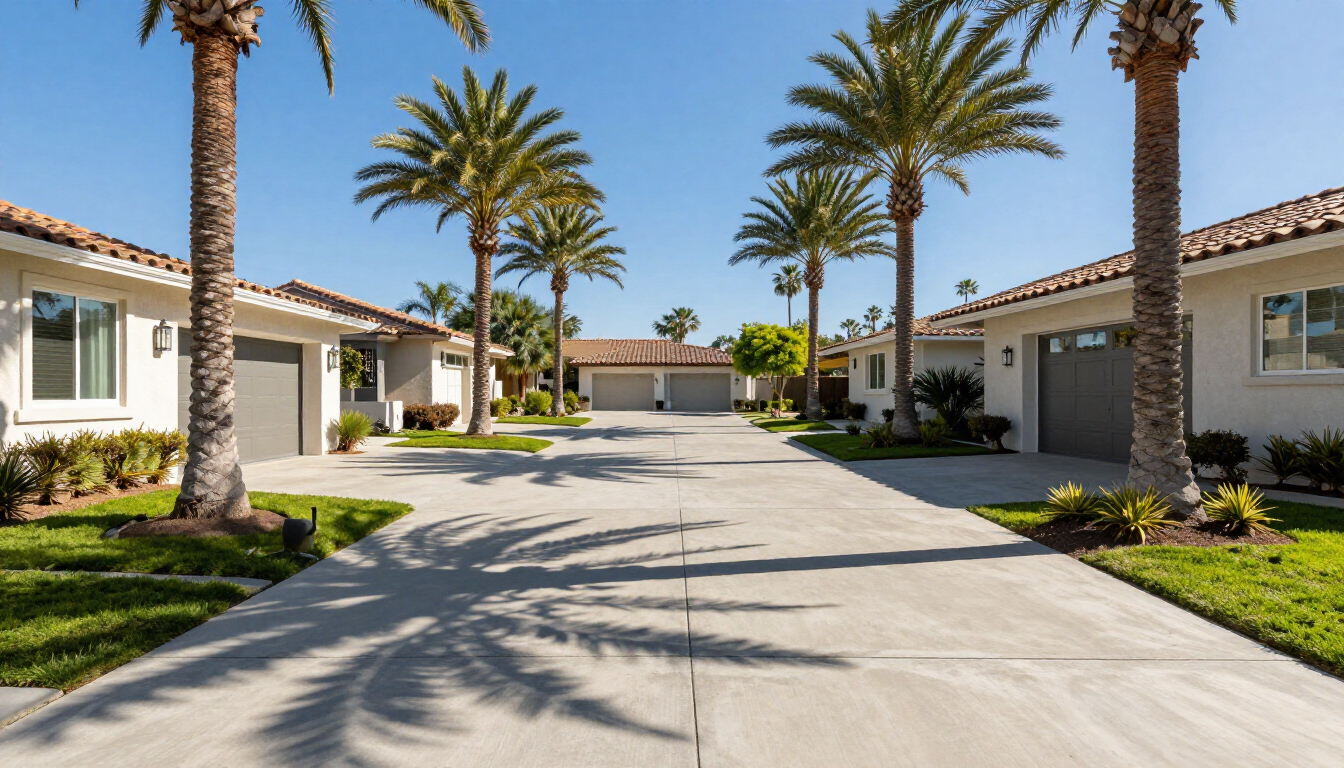 A clean, well-maintained concrete driveway in a sunny Southern California neighborhood.