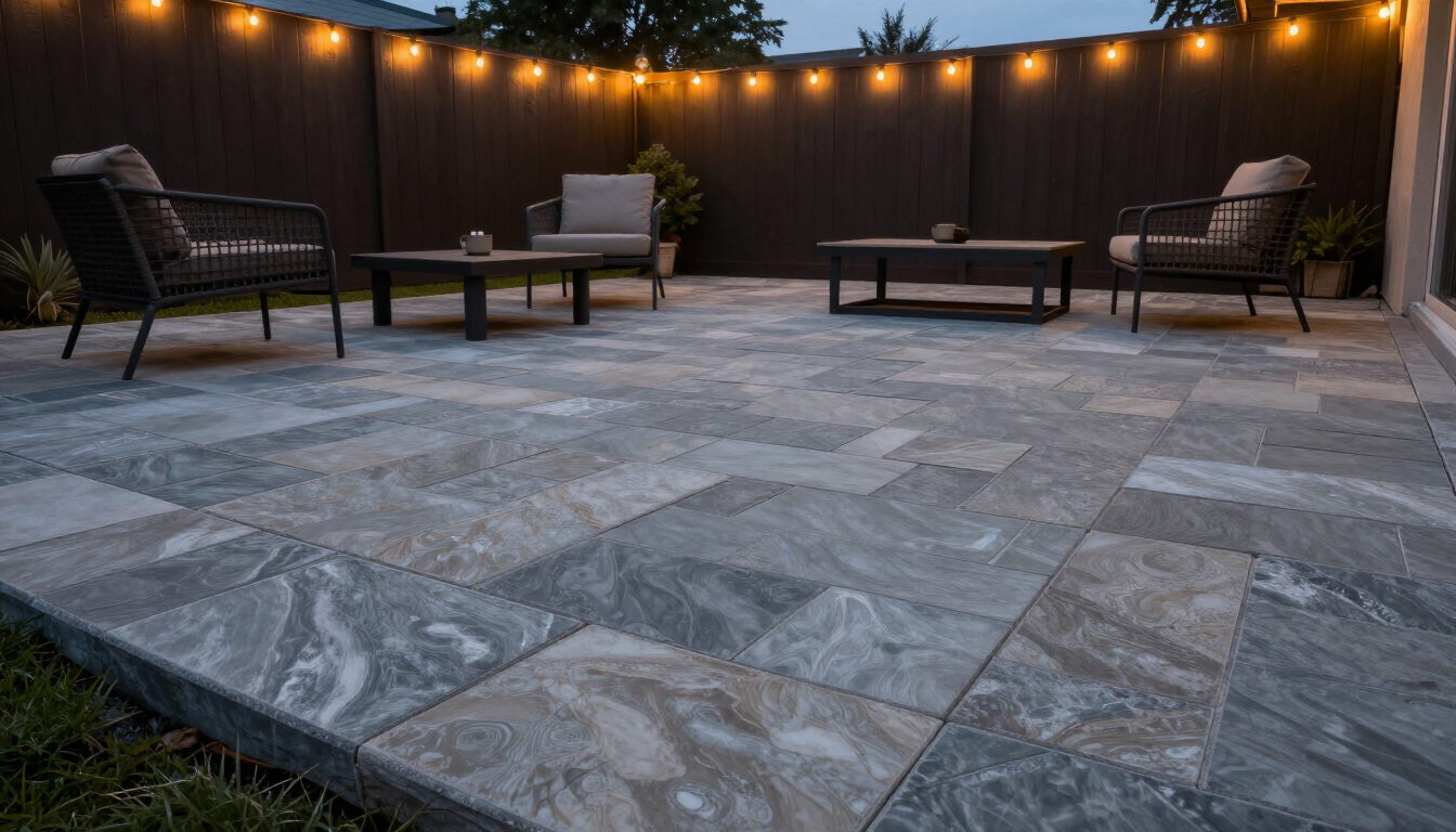 Modern stamped concrete patio with ashlar slate pattern