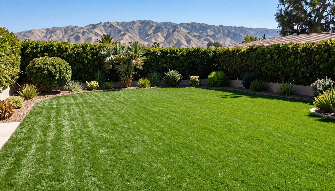 A beautiful residential backyard featuring professionally installed artificial turf in Lakeside, CA.