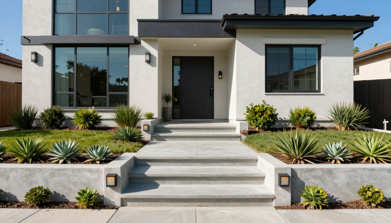Clean finished concrete stairs leading to a San Diego home front door.