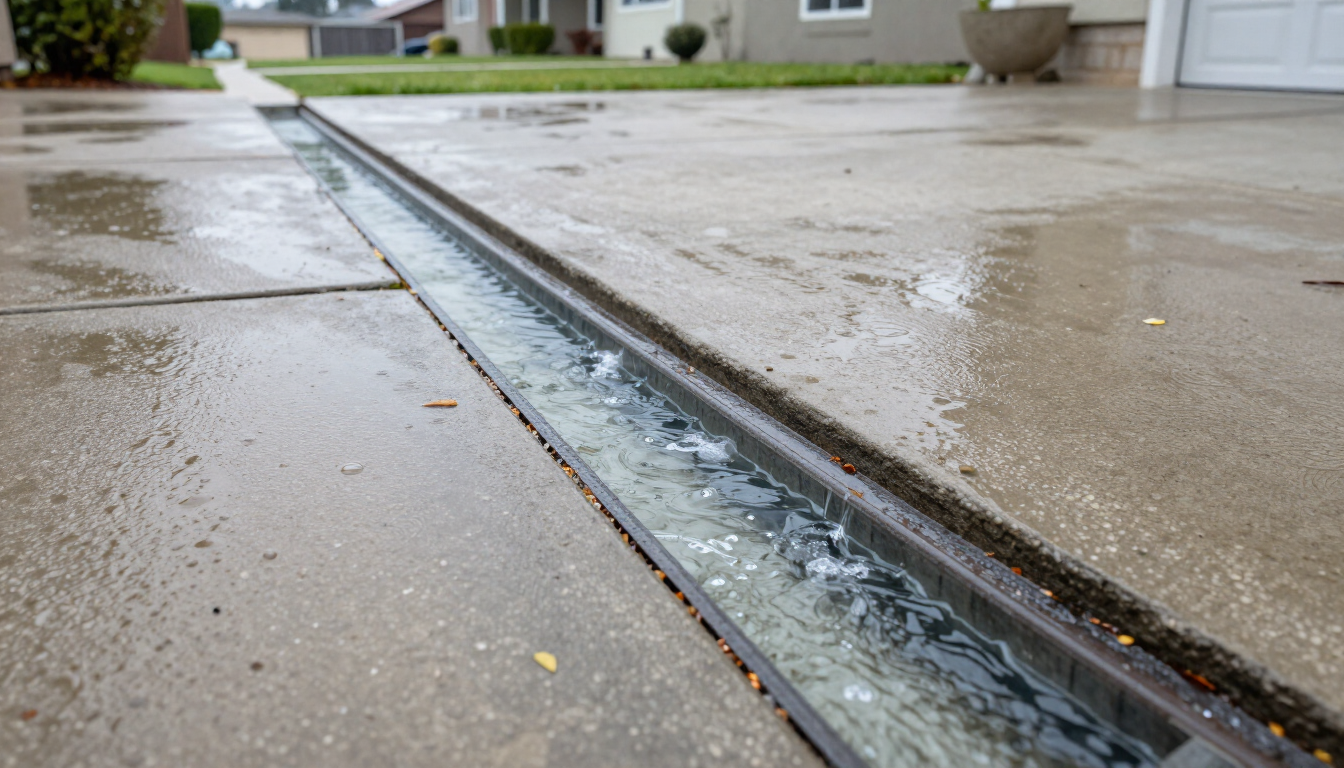 Rainwater moving through a clear channel drain beside a concrete patio