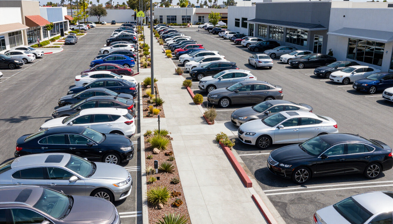 Photorealistic commercial concrete parking area beside a Southern California business
