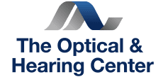 The Optical & Hearing Center logo in blue and gray text with abstract swoosh above