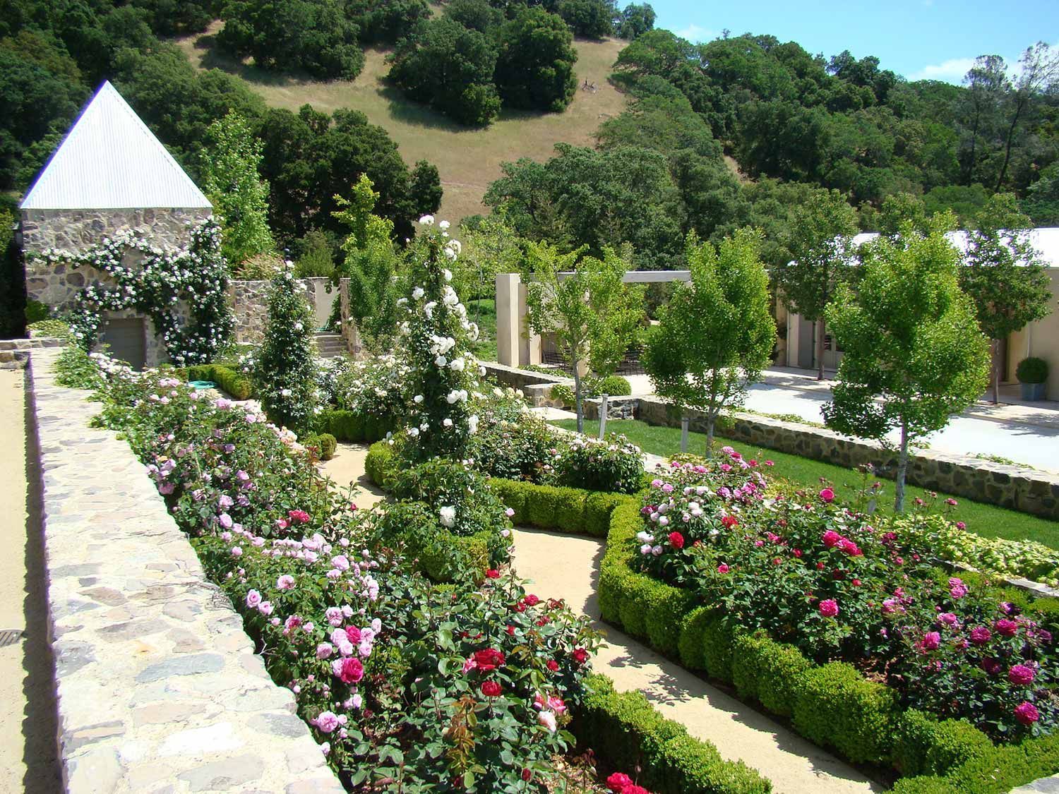 Manicured rose garden with white stone paths, trimmed hedges, and a hillside in the background