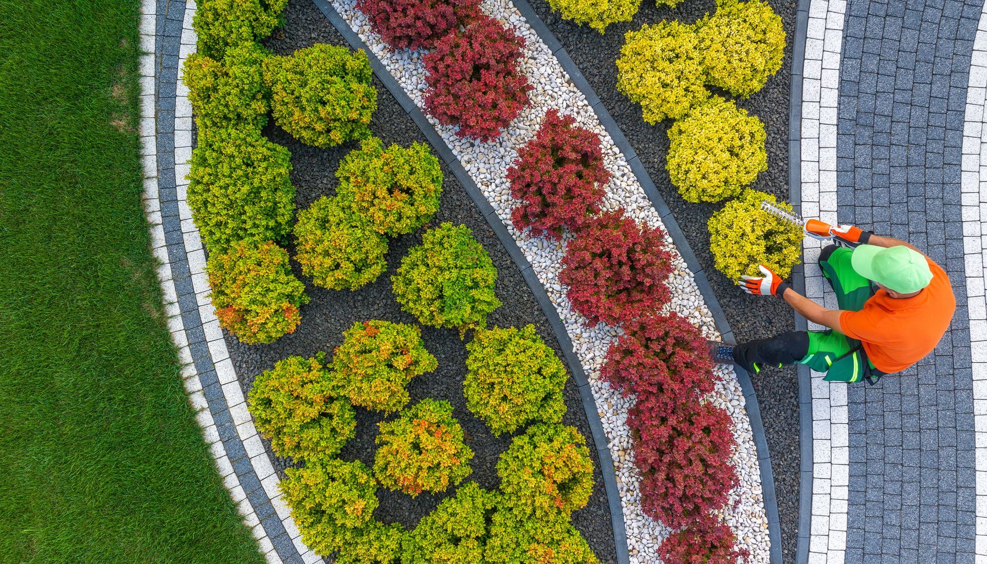 Gardener trimming colorful shrubs with hedge shears in a landscaped garden on a sunny day.
