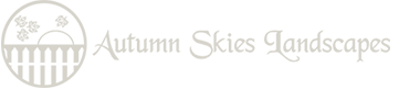 Autumn Skies Landscapes logo with pale beige text and a stylized tree and fence emblem