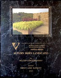 Award plaque for Autumn Skies Landscapes with a garden photo on a dark marble background