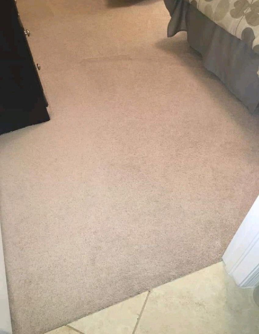 A bedroom with a bed and a carpeted floor.