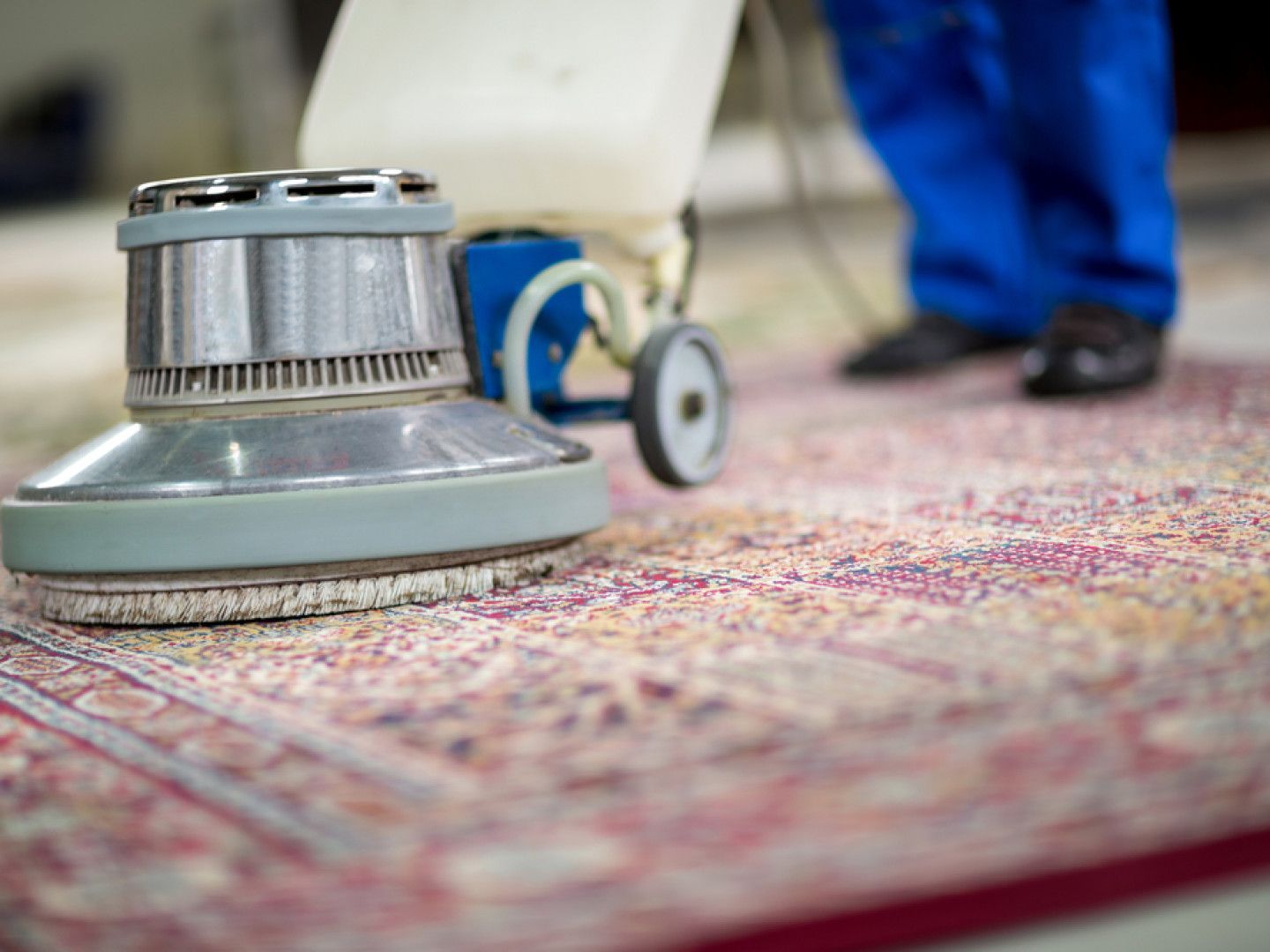 A person is cleaning a rug with a machine.