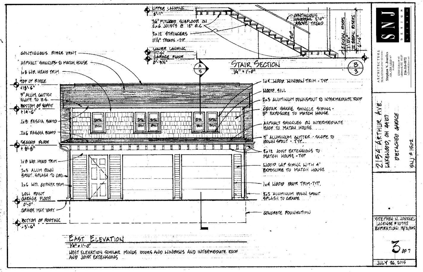 Architectural drawing of a building's facade, showing a garage, windows, and roof details. Black and white.