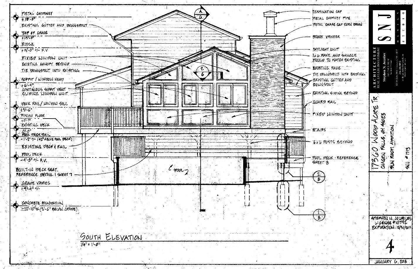 Architectural drawing of a house elevation, showing dimensions and notes. A chimney is on the right.