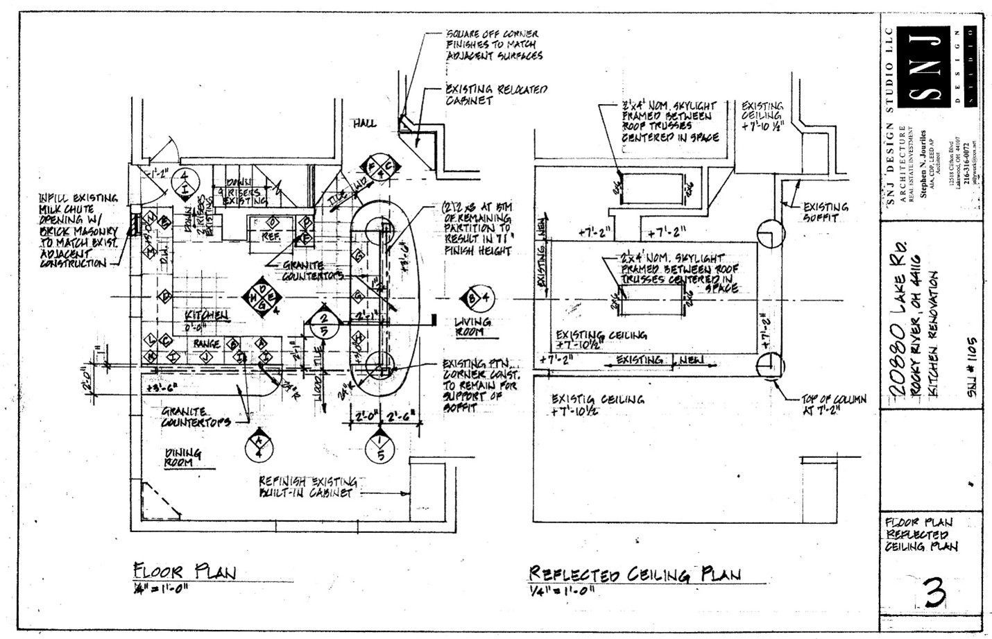 Architectural ceiling plan with labels, room layout, and notes.