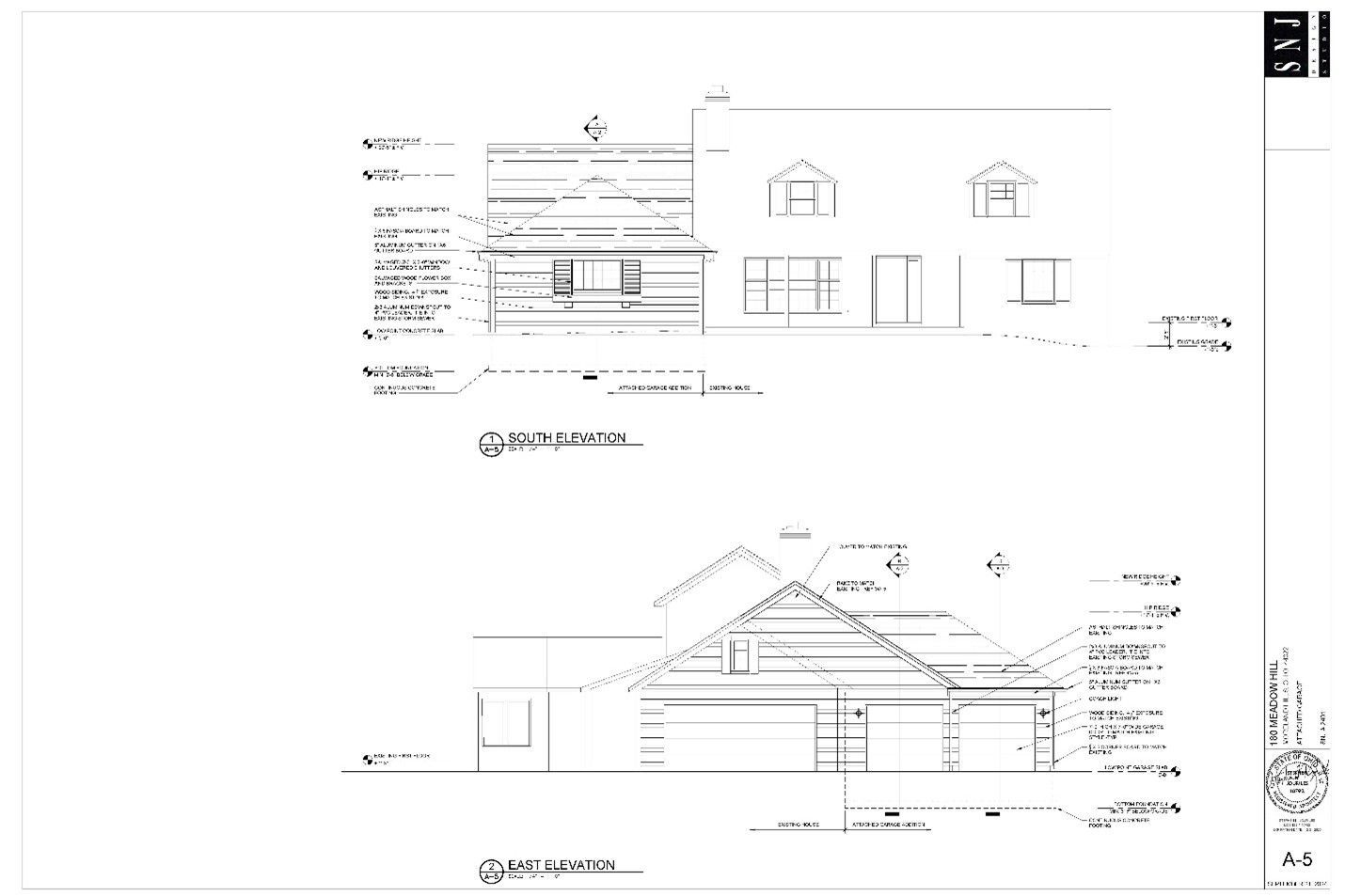 Architectural blueprint of a building exterior, with front and side elevations detailing windows, roof lines.