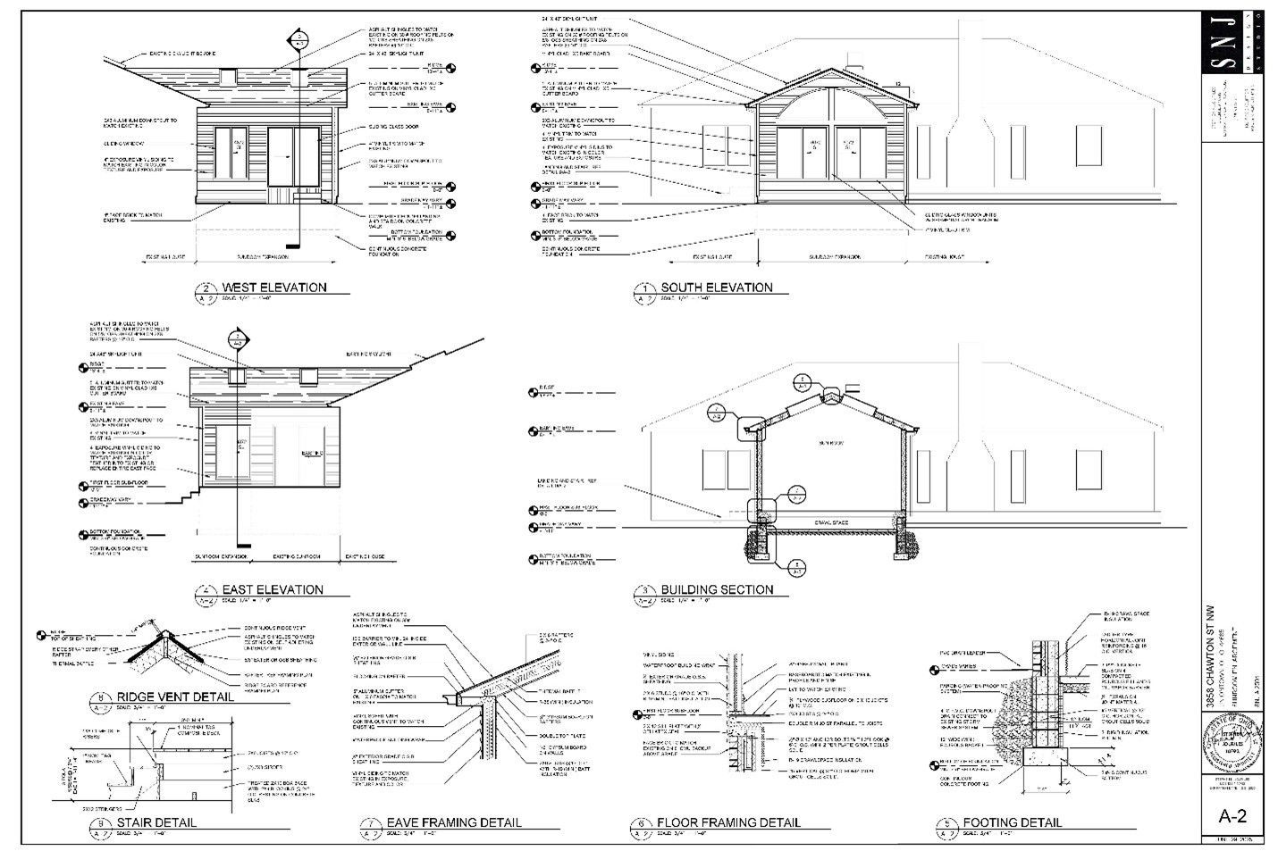 Architectural drawing with detailed building elevations and sections.